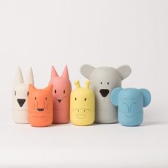 Six clay animal figures in different colours